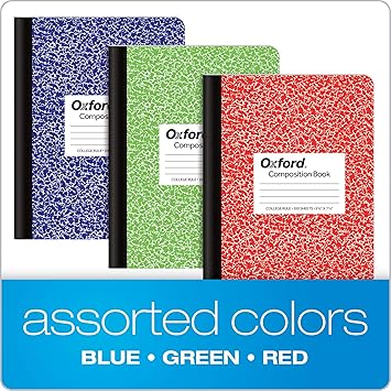 Oxford Composition Notebook 6 Pack, College Ruled Paper, 9-34 x 7-12 Inches, 100 Sheets, Assorted Marble Covers. 2 Each: Blue, Green, Red (63763)