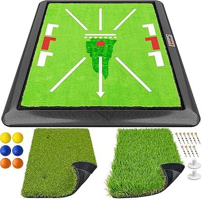 SAPLIZE 3-in-1 Golf Hitting Mat, 3 Replaceable Turfs for Tracing Swing Path, Hitting and Chipping Training, 13"X17" with Heavy Duty Base, Golf Practice Mat, Golf Training Mat