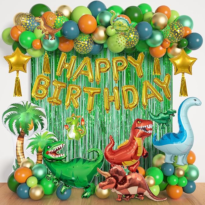 Dinosaur birthday party decoration supplies, 125 pieces of dinosaur balloons, green, orange, blue, happy birthday balloon garland arch kit, balloon curtain of