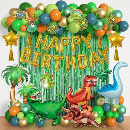 Dinosaur birthday party decoration supplies, 125 pieces of dinosaur balloons, green, orange, blue, happy birthday balloon garland arch kit, balloon curtain of
