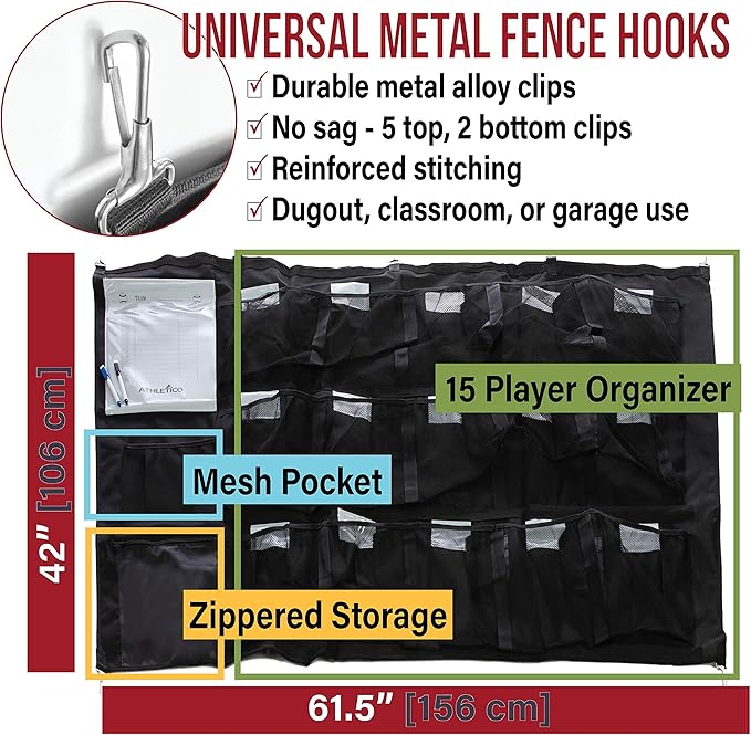 Athletico 15 Player Dugout Organizer - Hanging Baseball Helmet Bag to Organize Baseball Equipment Including Gloves, Helmets, Batting Gloves, Balls,  More