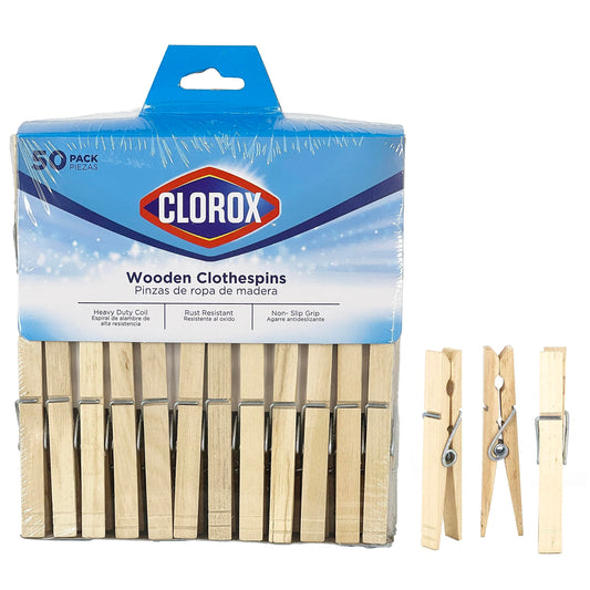 Clorox Wood Clothespins with Spring Value Pack Set of 50 | Rust Resistant, Heavy-Duty Coil, Non-Slip Grip for Line Drying Laundry, Chip Clips, Crafts, 50 Pack