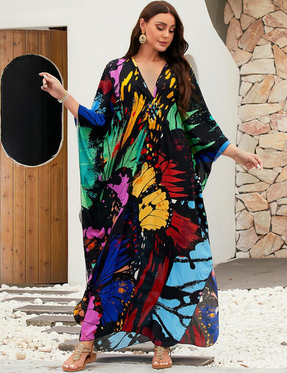MAKABO Kaftan Dresses for Women V Neck Moo Moos Colorful Print Cover Ups | 100% Viscose Soft Skin Friendly, Breathable, Caftan Beach Dresses for Swimwear, Multi Pattern, Great Party Choice