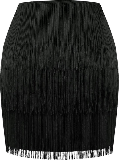 MANER Women’s Fringe Skirt Stretchy Sparkly Bodycon Tassel Trim Mini Skirt l.