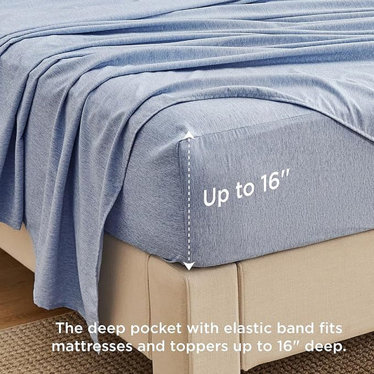 Bedsure Queen Sheet Set - 4 Pieces, Soft  Cooling Queen Sheets, Luxury Cationic Dyed, Deep Pockets  Easy-Fit, Breathable  Wrinkle Free, Blue