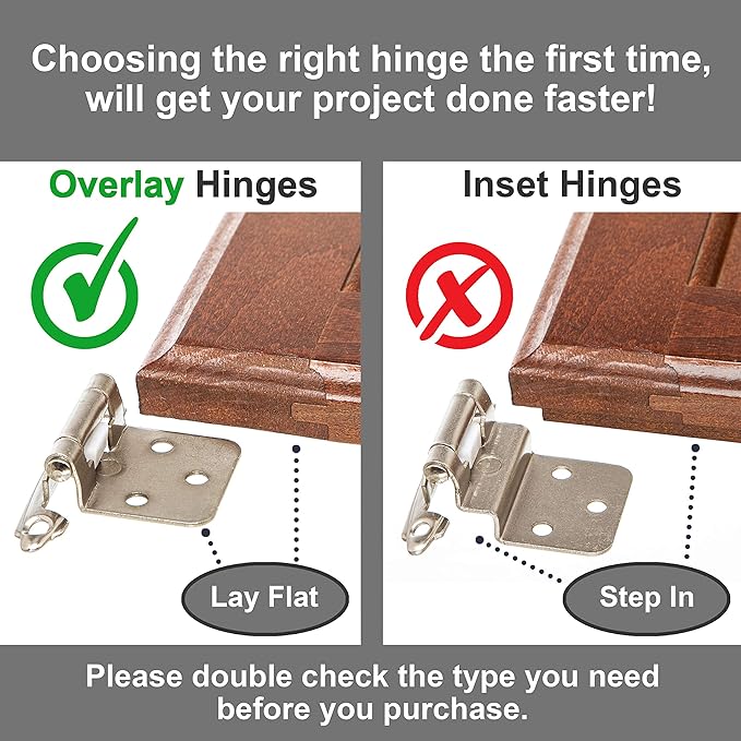DecoBasics Cabinet Hinges Brushed Nickel for Kitchen Cabinets Doors (25 Pair -50 Pcs) -1/2" Overlay (Variable) -Self Closing Kitchen Cabinet Hinges Flush Mount w/Silicon Bumpers & Hardware Screws