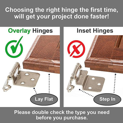 DecoBasics Cabinet Hinges Brushed Nickel for Kitchen Cabinets Doors (25 Pair -50 Pcs) -1/2" Overlay (Variable) -Self Closing Kitchen Cabinet Hinges Flush Mount w/Silicon Bumpers & Hardware Screws