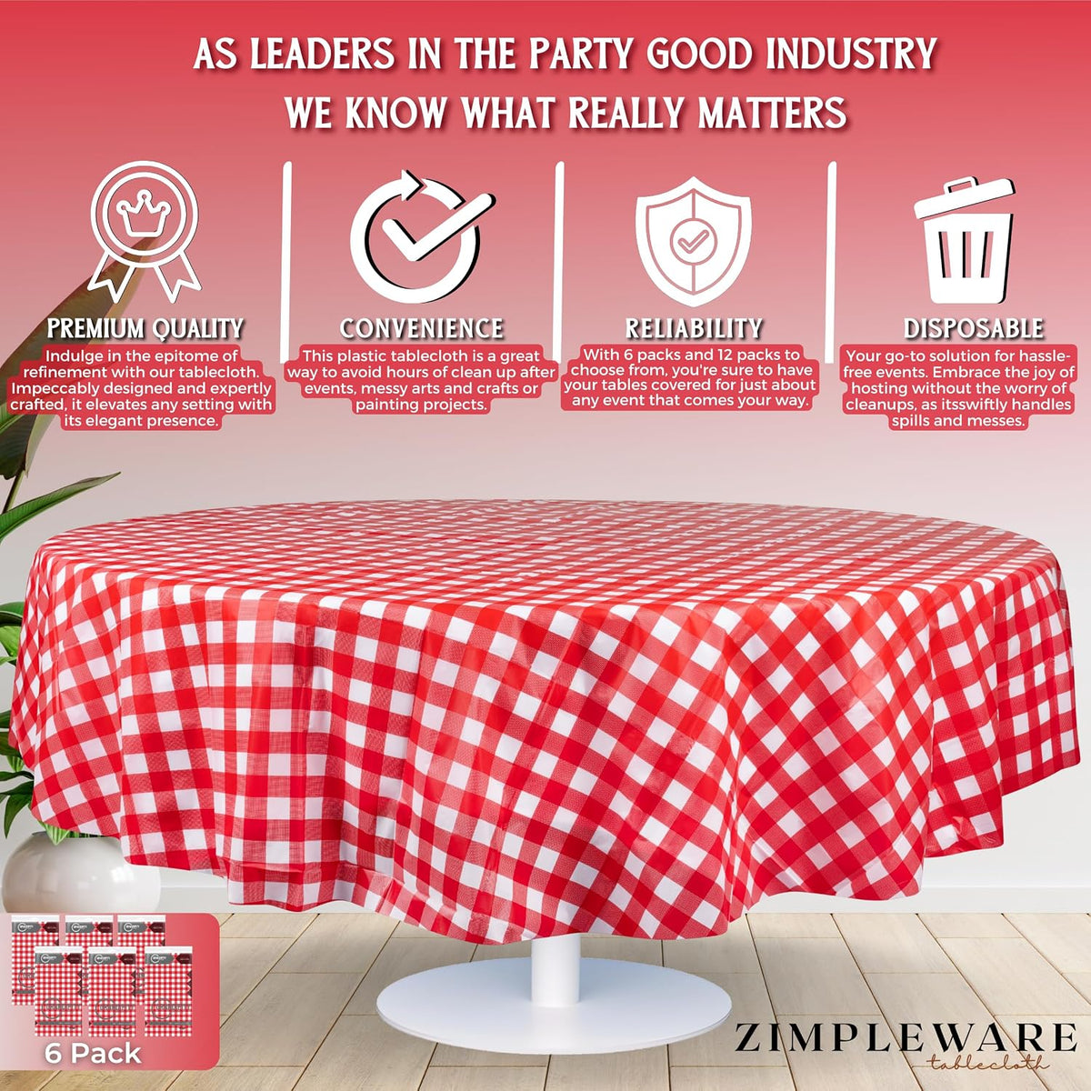 Premium Red Gingham Checkered Plastic Table Cloth Disposable (6 Pack) Round Tablecloth (84in) Party Table Cloths Disposable, Perfect Table Cloth Round Cover for Any Table Up to 6 Feet