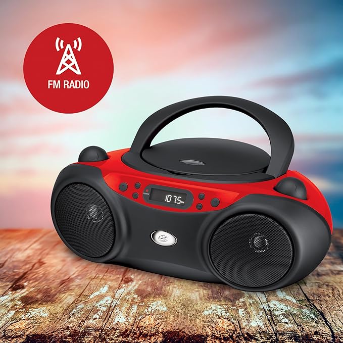 GPX BC232R Portable Top-Loading CD Boombox with AMFM Radio and 3.5mm Line in for MP3 Device - RedBlack