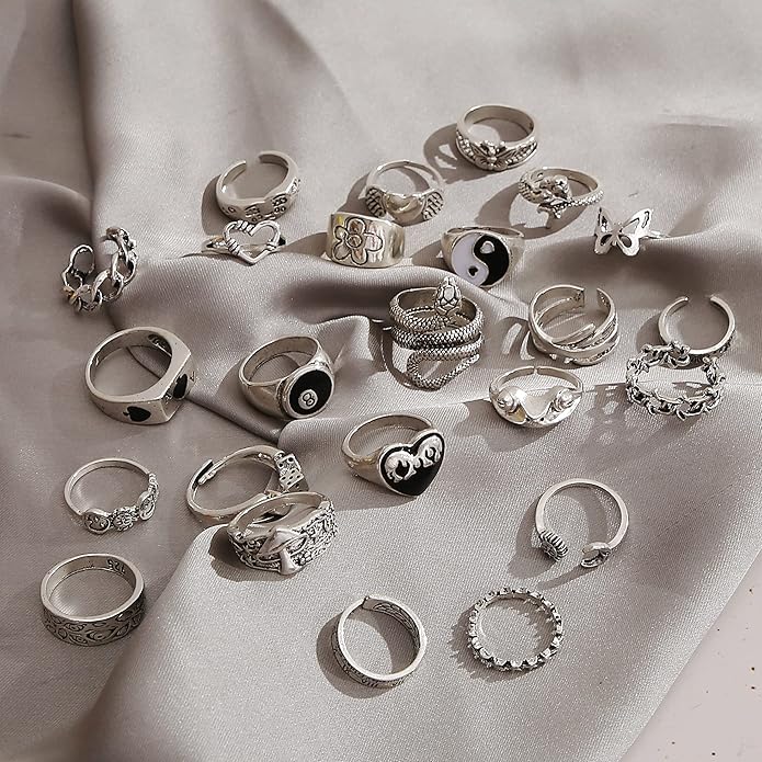 Vintage Silver Open Punk Rings for Men Women, 24PCS Adjustable, Alt, Chunky, Hippie, Gothic, Statement Stacking, Skull Snake Star Flower Heart Eboy Emo Y2K