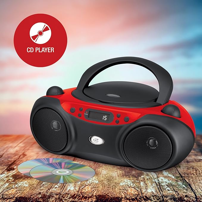 GPX BC232R Portable Top-Loading CD Boombox with AMFM Radio and 3.5mm Line in for MP3 Device - RedBlack