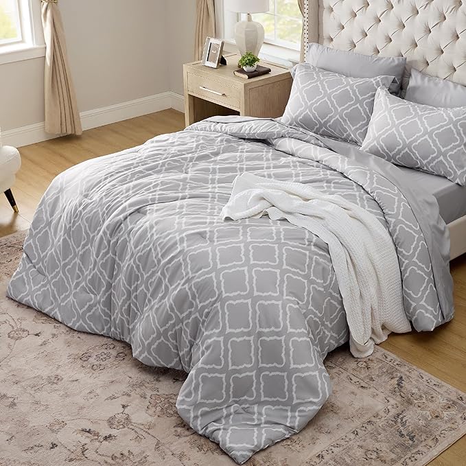 Bedsure Queen Comforter Set 7 Pieces - Grey Quatrefoil Comforters Queen Size, Lightweight Bedding Sets for All Season, Bed in a Bag with Comforters, Sheets, Pillowcases  Shams