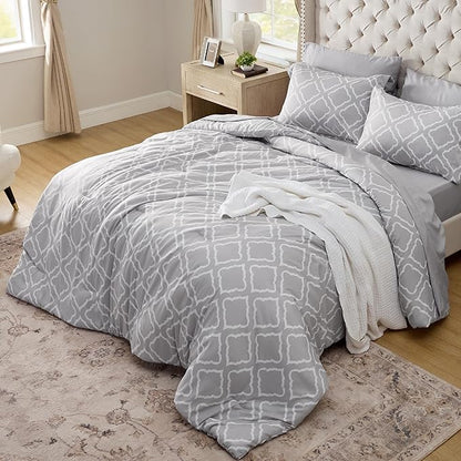 Bedsure Queen Comforter Set 7 Pieces - Grey Quatrefoil Comforters Queen Size, Lightweight Bedding Sets for All Season, Bed in a Bag with Comforters, Sheets, Pillowcases  Shams