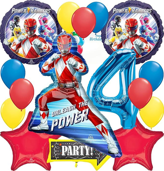 Power Ranger Party Supplies Foil Balloon Bouquet Decoration, Multicolored, Party Accessory, 4th Birthday