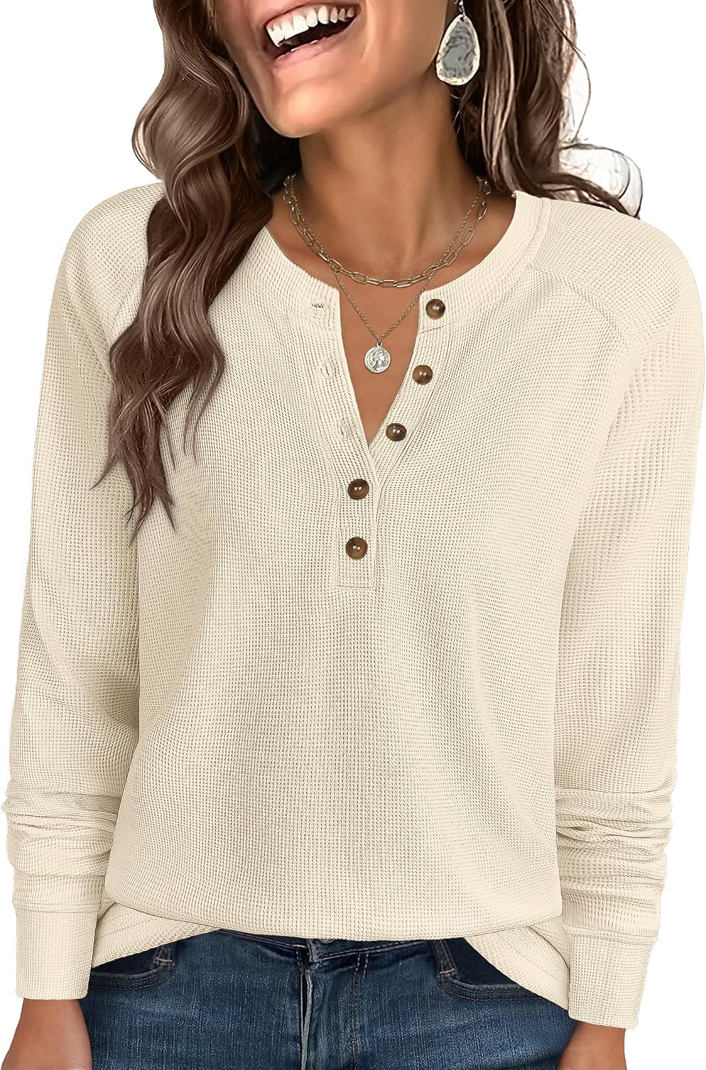 ANRABESS Women's Long Sleeve Waffle Knit Shirts Dressy Casual Loose Button Up V Neck Henley Tops 2026 Fall Basic Tee Blouse.