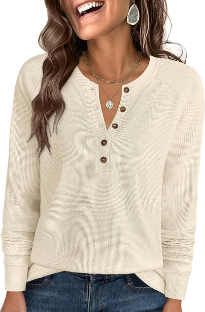 ANRABESS Women's Long Sleeve Waffle Knit Shirts Dressy Casual Loose Button Up V Neck Henley Tops 2026 Fall Basic Tee Blouse.