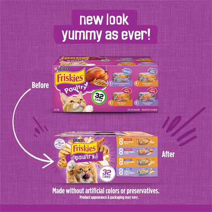 Purina Friskies Wet Cat Food Variety Pack, Poultry, (32) 5.5 oz Cans Shreds, Meaty Bits and Prime Filets recipes, high-protein cat food in gravy, made with real chicken or turkey