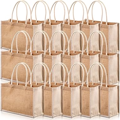 Reginary 16 Pcs Jute Tote Gift Bags Natural Burlap Grocery Shopping Bag Beach Tote with Handle for Bridesmaid Wedding Travel
