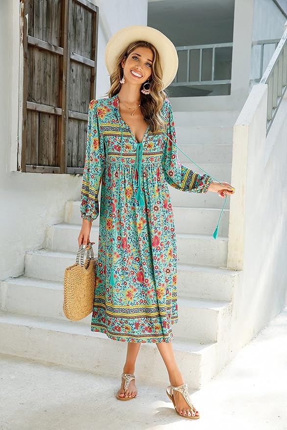 R.Vivimos Women's Long Sleeve Floral Print Retro V Neck Tassel Bohemian Midi Dresses