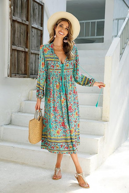 R.Vivimos Women's Long Sleeve Floral Print Retro V Neck Tassel Bohemian Midi Dresses