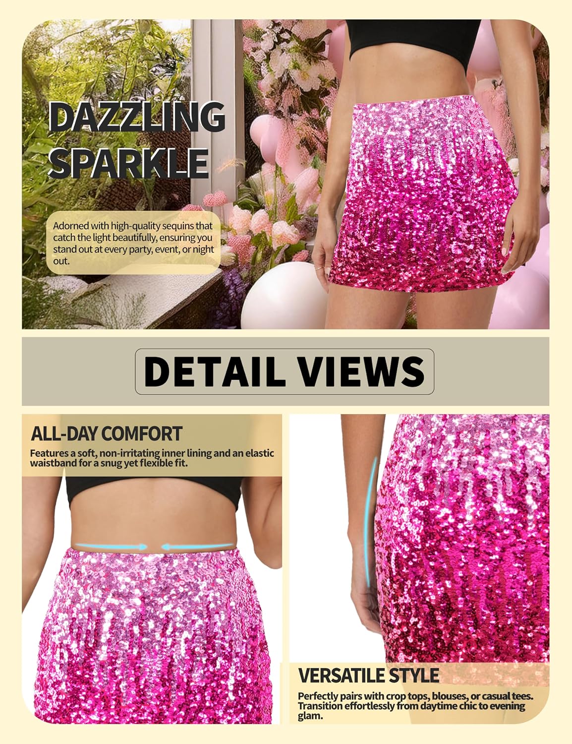 Stretchy, bodycon sequin skirt from MANER, perfect for parties, dates, and nights out, with flattering, comfortable fit.