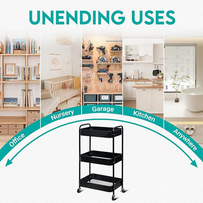 3 Tier Metal Rolling Cart on Wheels,Heavy Duty Utility Cart Sturdy 3 Tiered Rolling Storage Cart With Hooks, Great For Craft, Art Workspace, Kitchen ,Snack And Office Storage, Black