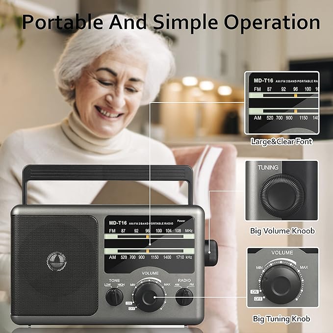 4X Portable AMFM Radio - Battery Operated (4 D Cell Batteries or AC Power) with Big Speaker, Standard Earphone Jack, HighLow Tone Mode, Large Knob