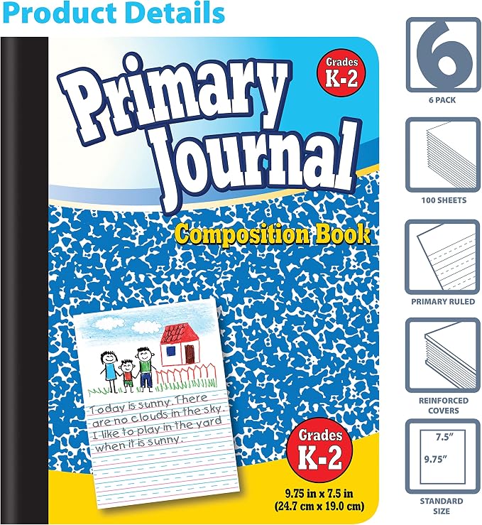 Better Office Products Primary Journal, Hardcover, Primary Composition Book Notebook - Grades K-2, 100 Sheet, One Subject, 9.75" x 7.5", Blue Cover-5 Pack