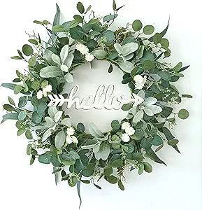 22 Inch Eucalyptus Wreath with Hello Sign, Spring Summer Wreaths for Front Door Green Winter Wreaths for Front Door Windows,Porch,Fireplace,Indoors and Outdoor Home Decoration