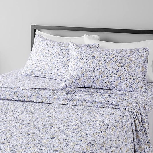 Basics Soft, Easy Care Deluxe Brushed Microfiber Queen Bed Sheets, 4-Piece, Blue Floral