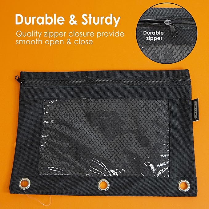 BAZIC Pencil Pouch 3 Ring Binder Pouch w Rivet Enforced Rings Hole, Black Mesh Window Zipper Pouches, 1-Count