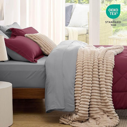 Bedsure Queen Comforter Set - 7 Pieces Reversible Burgundy Bedding, Queen Size Bed Set for All Seasons, Bed in a Bag with Down Alternative Comforter, Sheets, Pillowcases  Shams