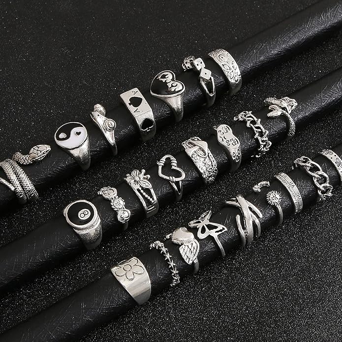 Vintage Silver Open Punk Rings for Men Women, 24PCS Adjustable, Alt, Chunky, Hippie, Gothic, Statement Stacking, Skull Snake Star Flower Heart Eboy Emo Y2K