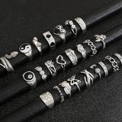 Vintage Silver Open Punk Rings for Men Women, 24PCS Adjustable, Alt, Chunky, Hippie, Gothic, Statement Stacking, Skull Snake Star Flower Heart Eboy Emo Y2K