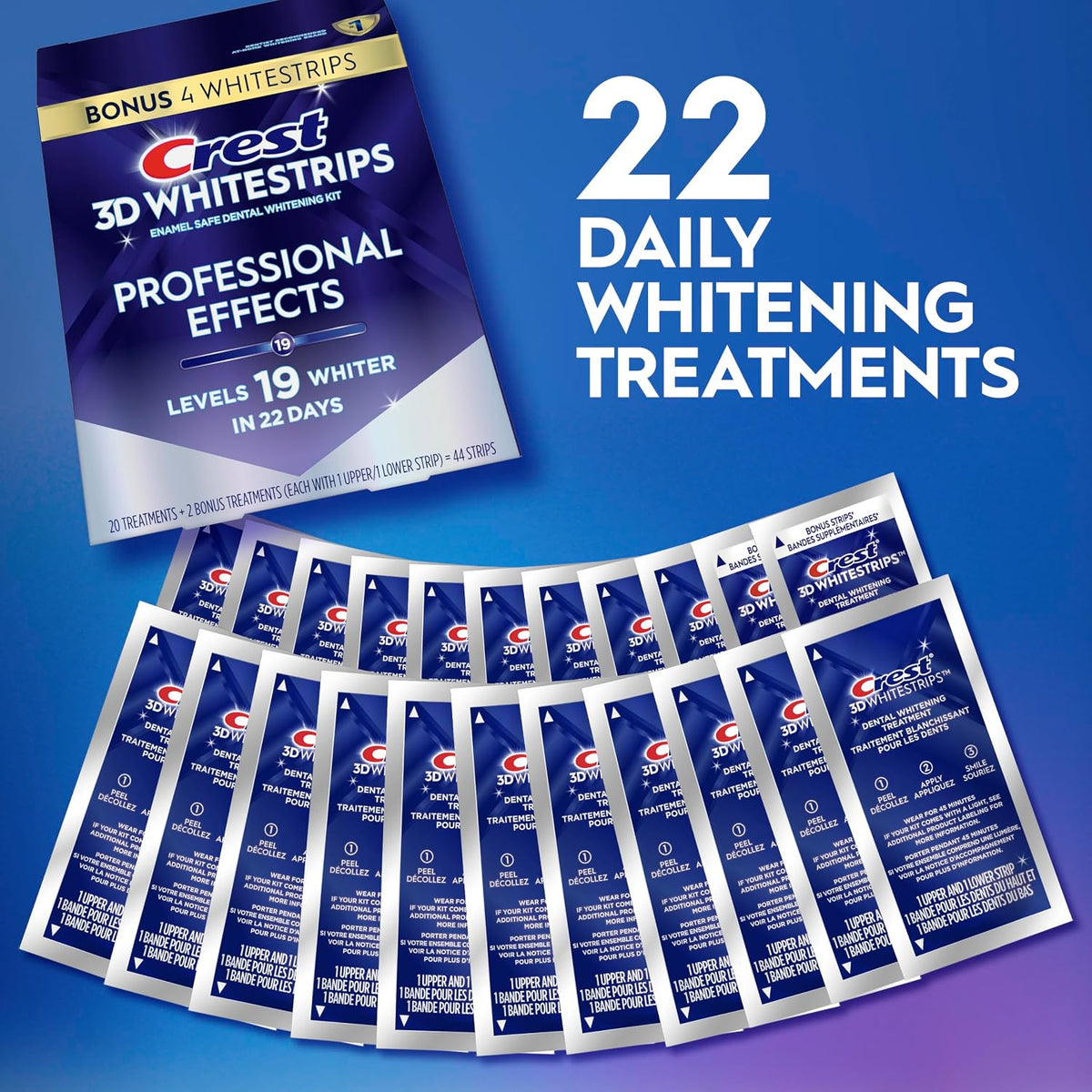 Crest 3D Whitestrips Professional Effects – Teeth Whitening Kit, 22 Treatments in 22days (20 + 2 Bonus), Each with 1 Upper/1Lower, 44 Strips – Crest 3DWhite Teeth Whitening Strips ( Little different picture, Box Damaged )