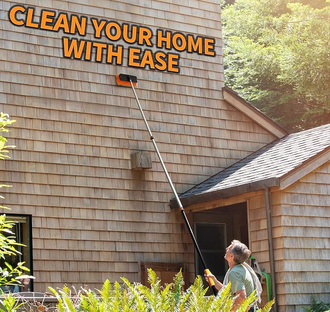 Exterior House Cleaning Brush Set with 4-12 ft Extension Pole // Vinyl Siding Brushes with Telescopic Extendable Pole & Window Cleaning Squeegee Tool // The Ultimate Extension Scrub Brush Set