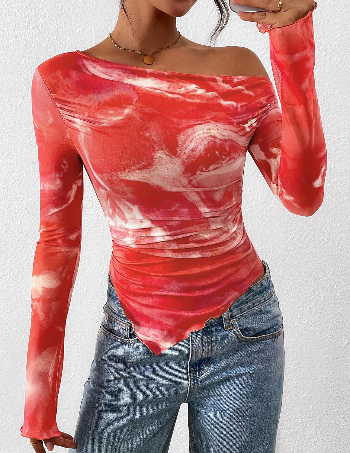PRETTYGARDEN Womens Fall Trendy Off Shoulder Y2k Tops 2026 Tie Dye Mesh Long Sleeve Shirts Asymmetrical Ruched Floral Blouse