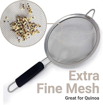 Makerstep Fine Mesh Strainer Set of 3, Stainless Steel 3.38", 5.5", 7.87" Strainers Wire Sieve Sifter with Insulated Handle Strainers for Kitchen Gadgets Tools