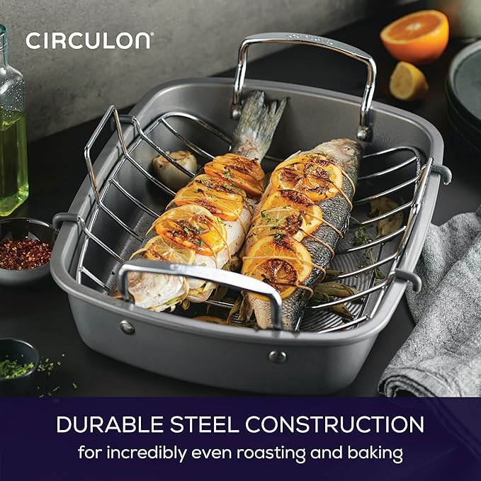 Circulon Nonstick Roasting Pan / Roaster with Rack - 17 Inch x 13 Inch, Gray
