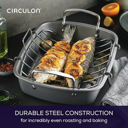 Circulon Nonstick Roasting Pan / Roaster with Rack - 17 Inch x 13 Inch, Gray