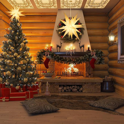 23" Moravian Star Outdoor Light, Waterproof 3D Christmas Tree Topper Lamp with Timer Function, White Led Hanging Star Lantern for Holiday Porch Room Party Decoration