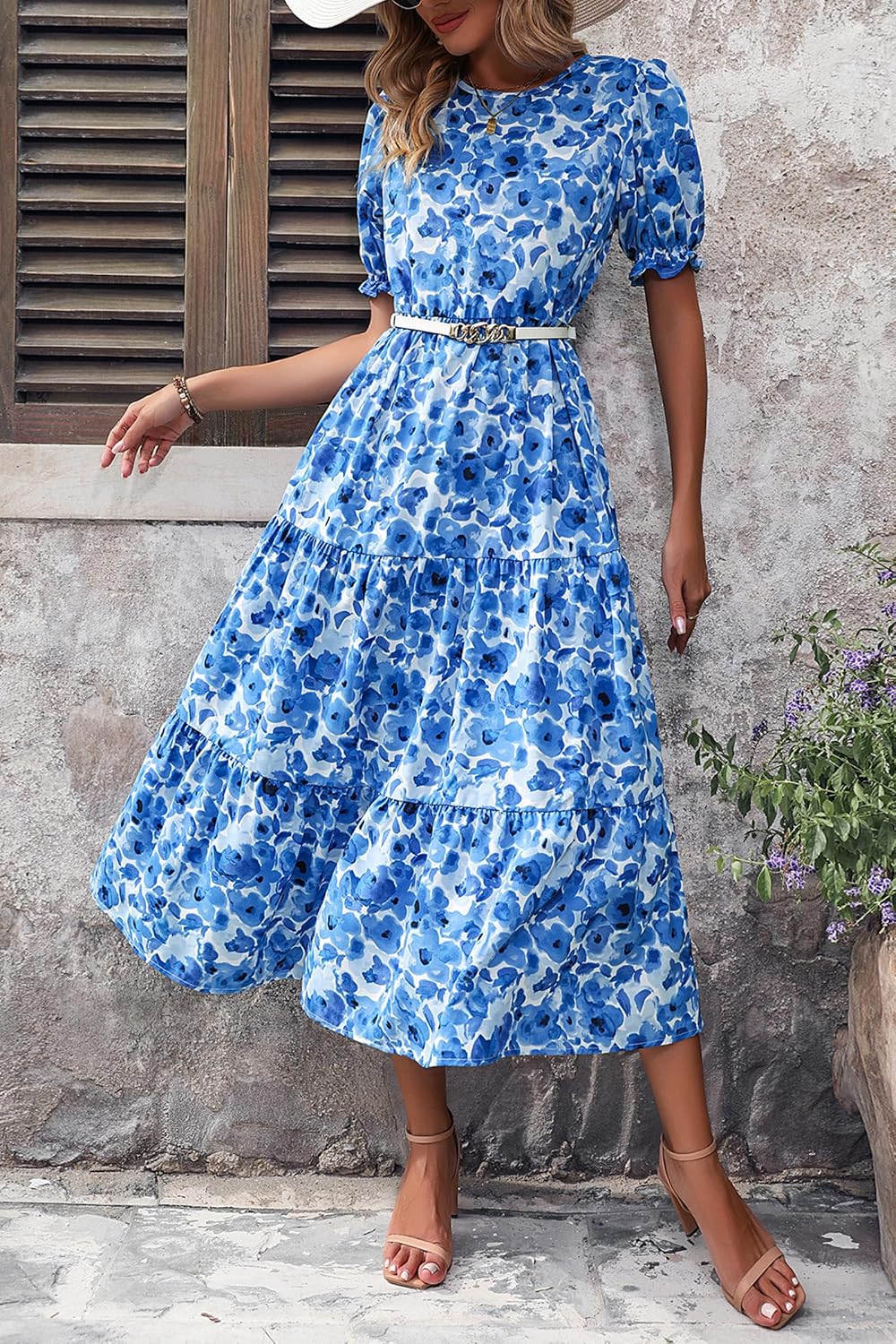 PRETTYGARDEN Summer Dresses for Women 2026 Casual Floral Boho Midi Sun Dress Puff Short Sleeve Flowy Beach Vacation Sundress