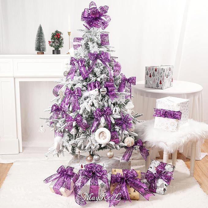 MAYREEL 2.5 Inch Purple Mesh Wired Halloween Ribbon Metallic Sequin Glitter Web for Christmas Tree Gift Wrapping Crafts Topper Bows Wreaths Holiday Decor Garland 10 Yards