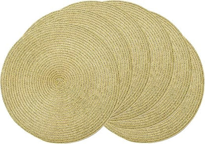 AHHFSMEI Round Braided Christmas Placemats 15 Inch Round Table Mats for Dining Tables Woven Heat Resistant Place mats Set of 6 (Gold Shine)