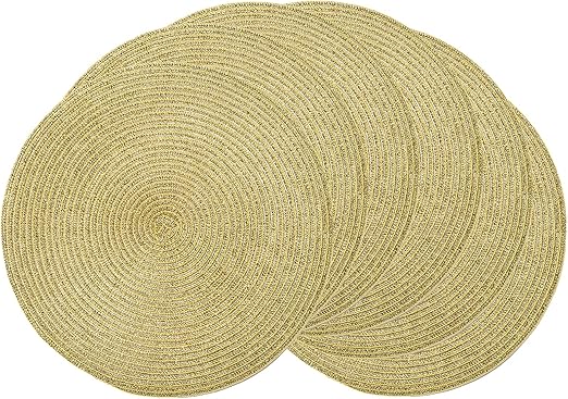 AHHFSMEI Round Braided Christmas Placemats 15 Inch Round Table Mats for Dining Tables Woven Heat Resistant Place mats Set of 6 (Gold Shine)