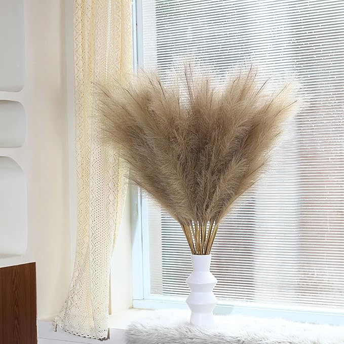 8 Pcs 45 inch Tall Faux Pampas Grass Decor, Large Artificial Brown Pompous Grass Bulk, Long Fake Pompas for Floor Vase Filler, Wedding, Baby Shower, Home and Boho Decor (Brown)