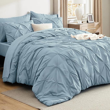 Bedsure King Size Comforter Set Light Blue - Bed in a Bag King Size 7 Pieces, GentleSoftTM Pintuck Bed Set Gift for Family, Pinch Pleat Light Blue Comforter with Sheets, Pillowcases  Shams