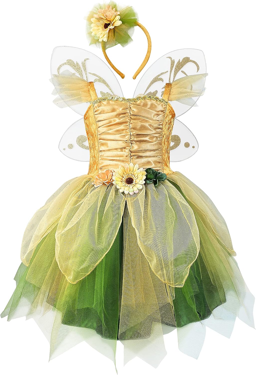 Fairy Costume Dress for Girls, Green Princess Flower Girl Dress, Tutu Dress with Headband and Wings (5 - 6 year)