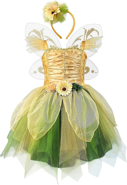 Fairy Costume Dress for Girls, Green Princess Flower Girl Dress, Tutu Dress with Headband and Wings (5 - 6 year)
