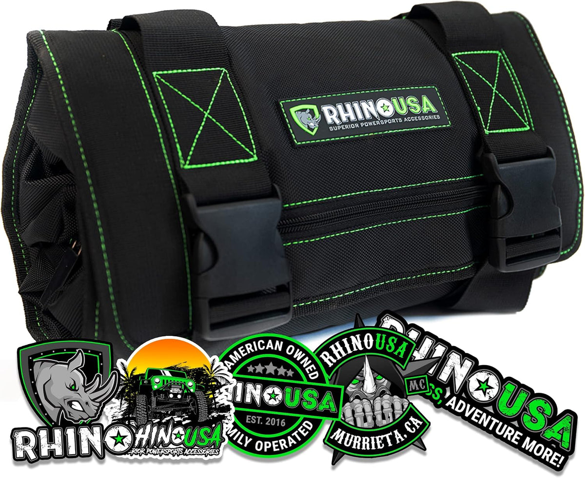 Rhino USA Tool Bag Roll - Heavy Duty Canvas Organizer for Tools Labeled & Removable Pouches for Ultimate Travel Tool Storage. For UTV, Car, Truck, 4x4 Offroad & Garage Use. Black